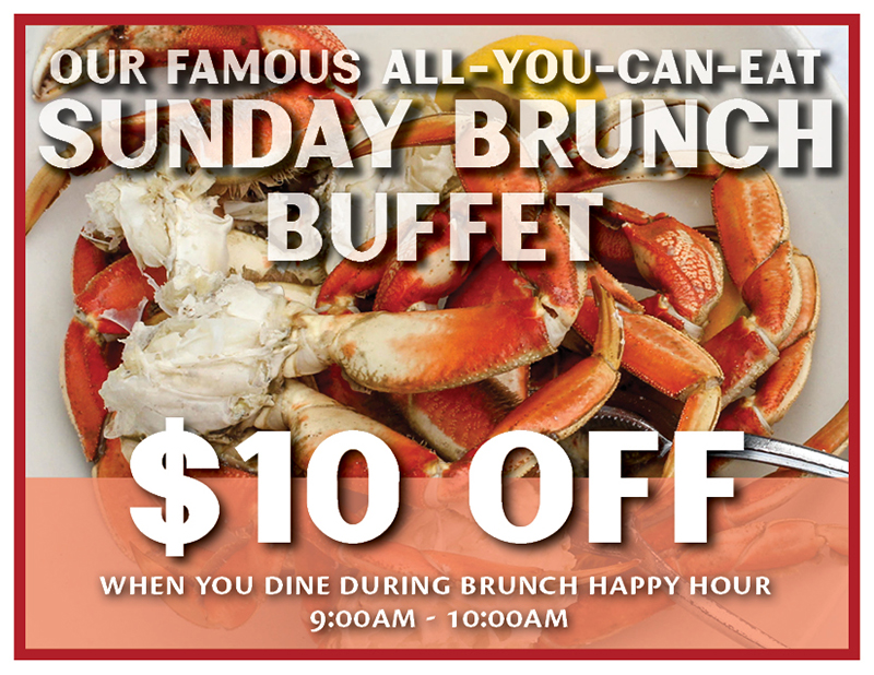 $10 off when you dine during 9am-10am. Image of plateful of crab legs.