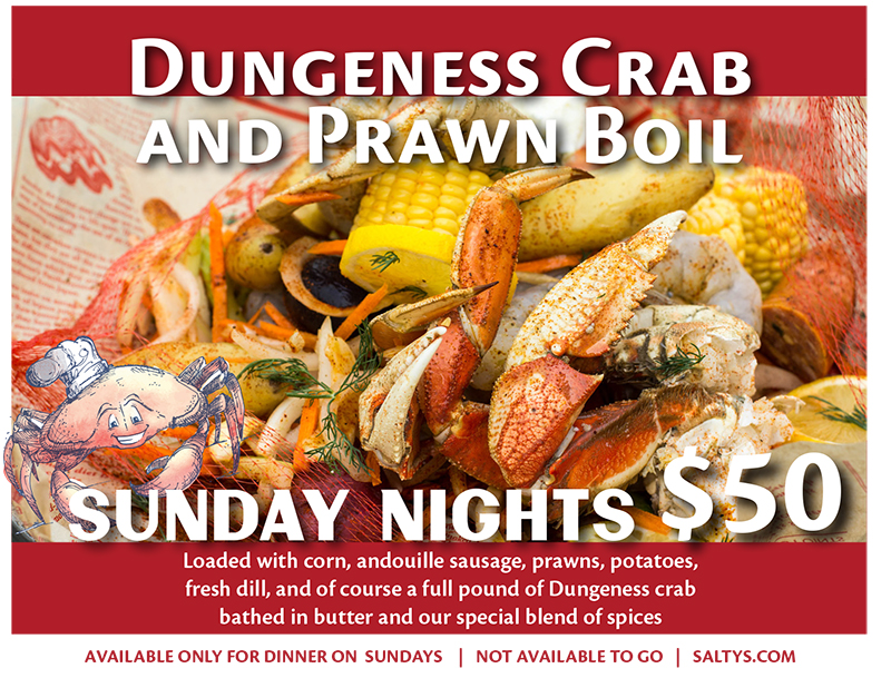 Dungeness Crab and Prawn Boil Sunday Night $50